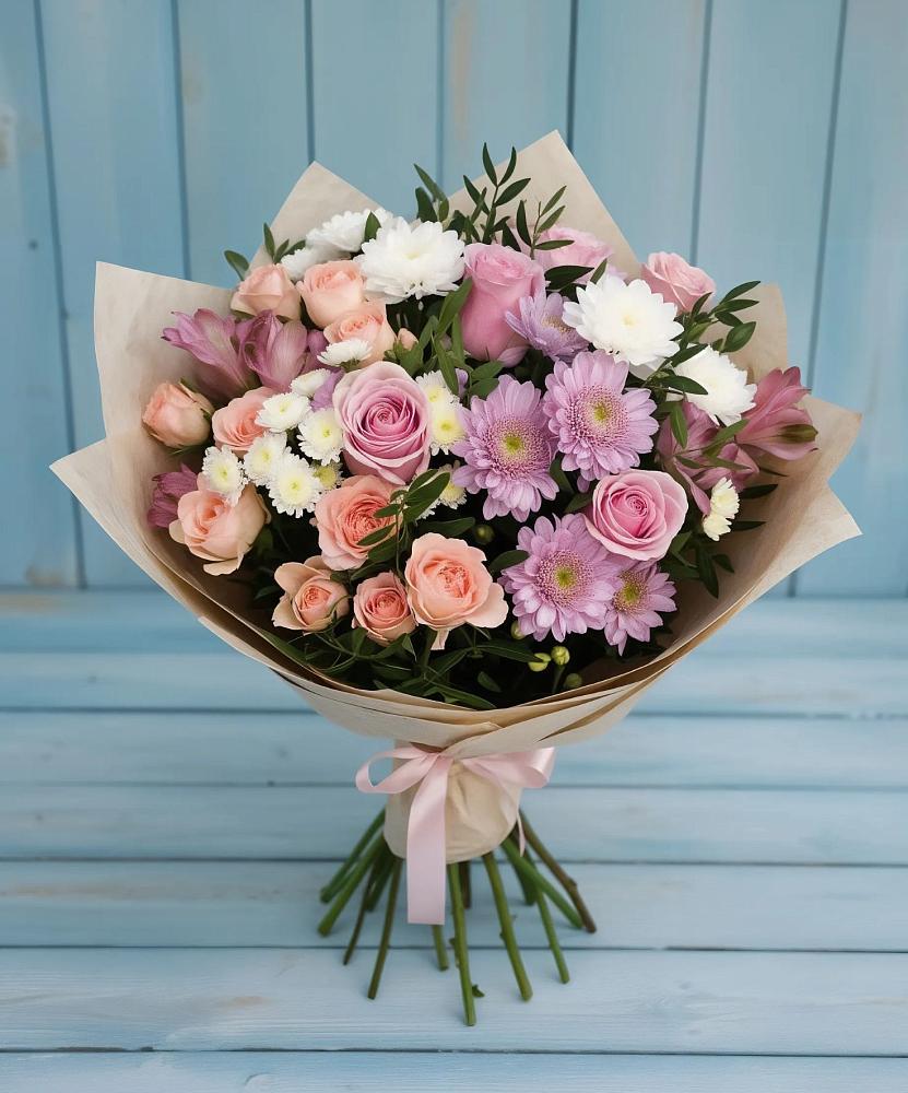 Букет цветов из: Хризантемы, Розы и Альстромерии в Онгудай