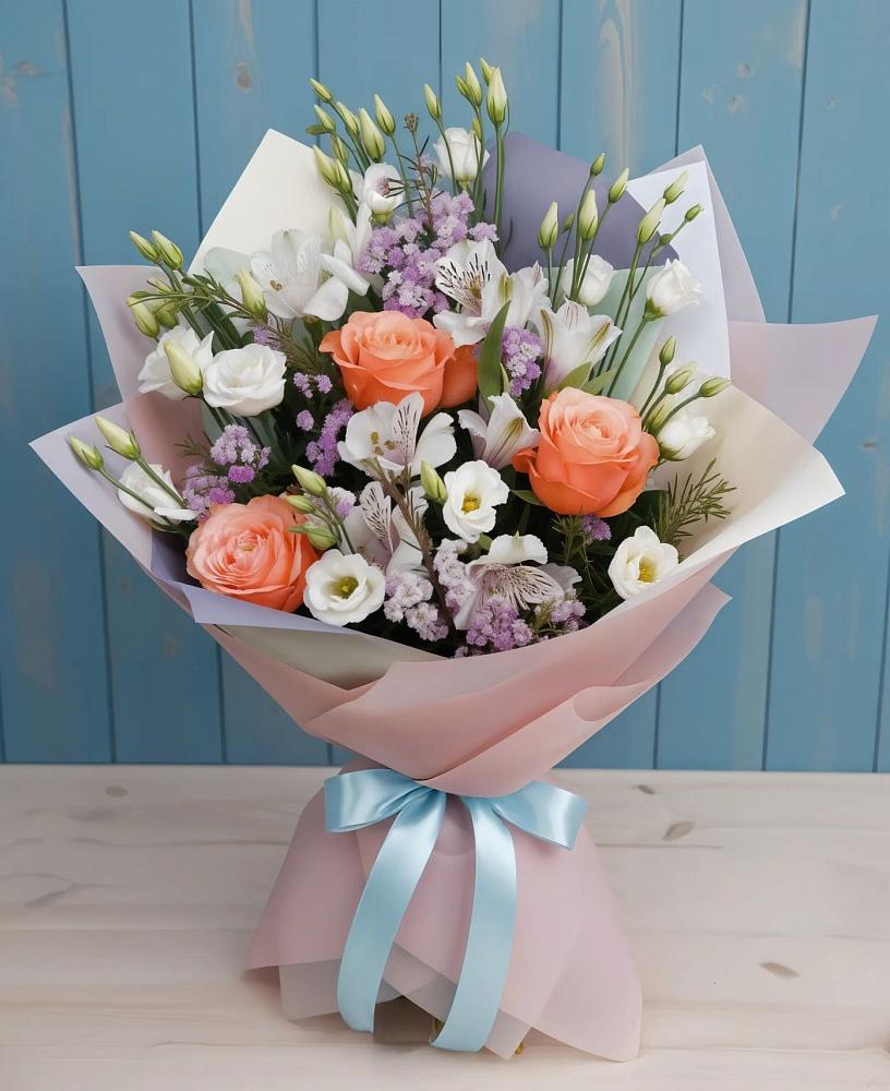 Букет цветов из: Лизиантусы, Розы, Альстромерии и Гипсофила в Онгудай